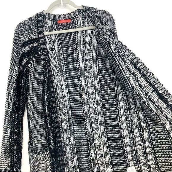 Lulumari Black White Open Front Thick Knit Cardigan Sweater Coat - Picture 5 of 16